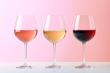 Three wine glasses containing ros?(C) and red wine on a pastel background, with room for promotional content