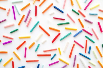 Top View of Sewing Threads: A top-down view of vibrant sewing threads in various colors, scattered across a white surface, offering ample space for design or craft-related text