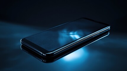 Sleek modern smartphone resting on a reflective surface.