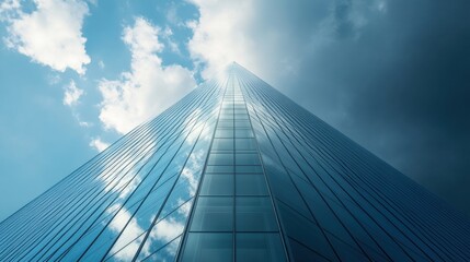 Modern skyscraper reaching towards a dramatic sky.