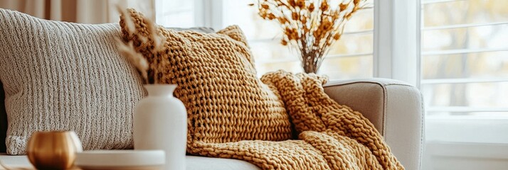 A cozy scene with a chunky knit blanket draped over a couch