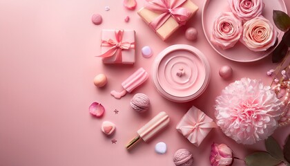 Flat lay composition in pastel pink tones