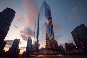 Fototapeta premium Modern skyscraper in New York City skyline at twilight.