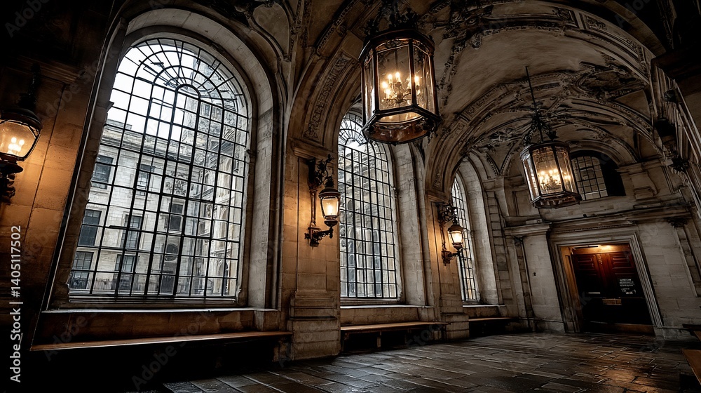 Poster ancient hall with arched windows and lanterns