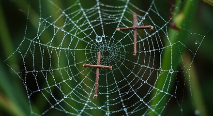 Fototapeta premium Dew Covered Spiderweb with Wooden Crosses in a Lush Setting