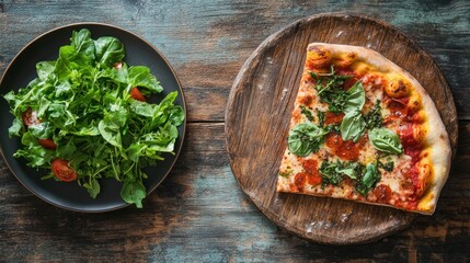 Top-down view of a rustic wooden table with a delicious slice of pizza topped with fresh herbs, alongside a plate of vibrant green salad leaves, creating an inviting menu concept with space for text