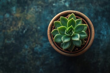 Top-down view of a small plant in a pot, creating a minimalist, clean aesthetic, ideal for eco-friendly or nature-themed visuals