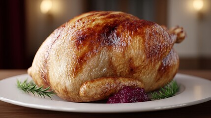 Whole roasted chicken served on white plate with seasoning herbs and visible crispy golden skin in realistic overhead kitchen photography for high definition culinary image