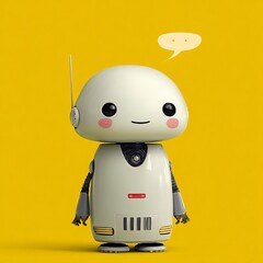 A robot with a rounded head and body, an antenna, and small robotic hands, against a solid surface with a bubble. Robot on yellow background 