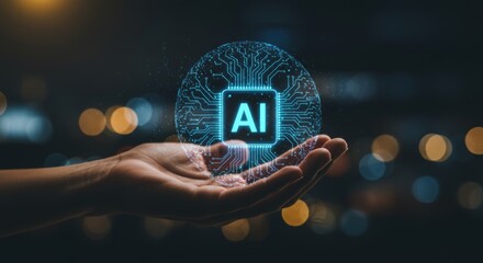 Artificial intelligence concept, human holding glowing AI brain hologram sphere