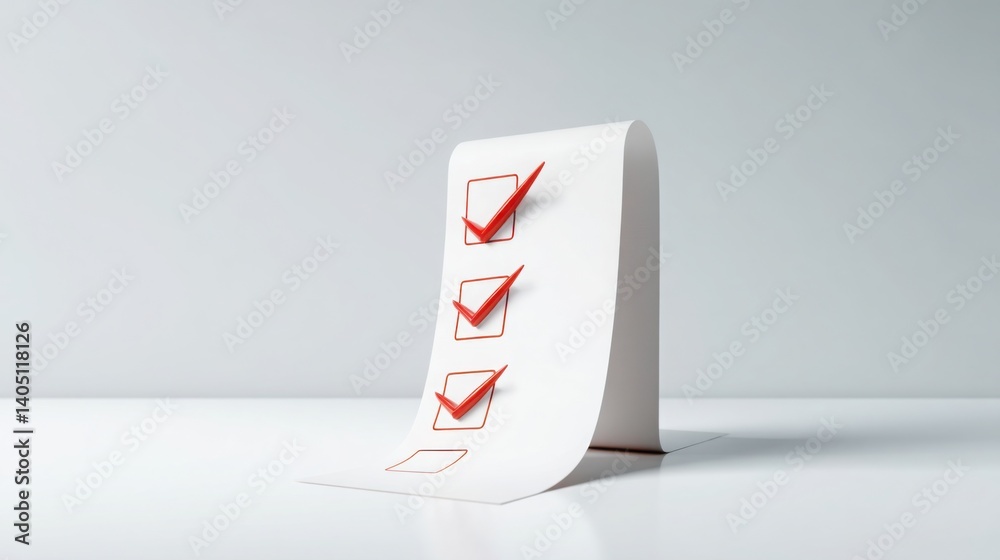 Poster clean white paper displaying a bold red check mark symbolizing completion and success in a transform