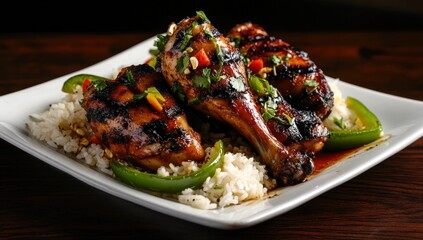 A delicious meal with grilled chicken legs and rice on plate