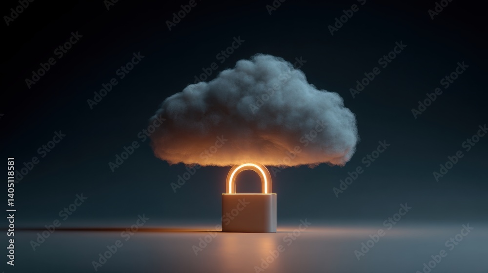 Poster cloud shaped like a light above transaction lock representing secure communication and data exchange