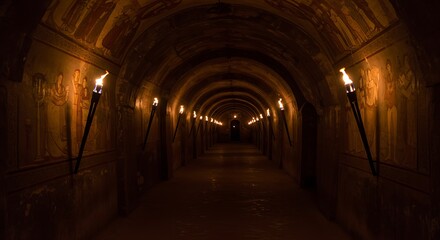 Fototapeta premium Illuminated Tunnel Passage with Torch Lighting and Murals on Walls
