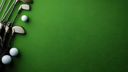 Top-down view of golf equipment, including clubs and a ball, neatly arranged against a green backdrop, leaving ample space for text or graphics
