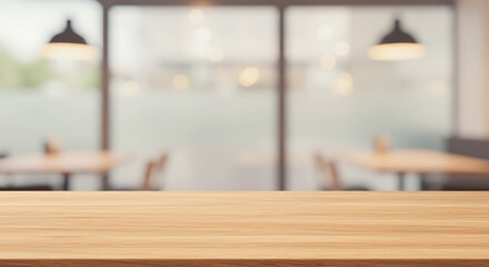 Obraz premium Warm Wood Table, Cafe Blurred Background AI Generated