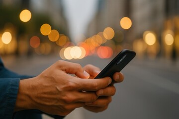 Close-up of hands texting on a smartphone on city street. mobile communication and connectivity concept