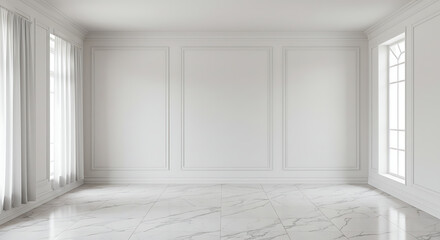 Fototapeta premium Serene White Room: Marble Floor, Elegant Moldings AI Generated