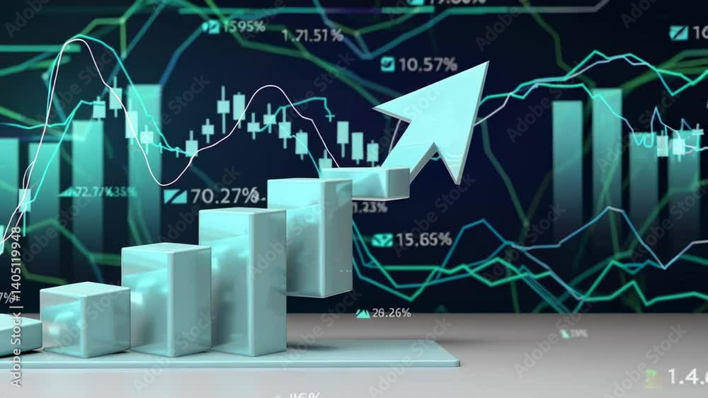Poster ascending bar chart with an upward arrow indicating positive growth, overlaid on a dynamic stock mar