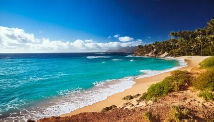 Beautiful tropical beach with palm trees, sunset beach seascape, design template for travel banner.
