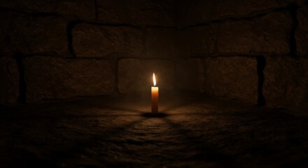 Candle Burning Brightly in Dark Stone Room Illuminating Quiet Space