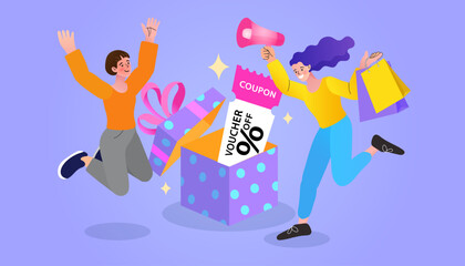 Fototapeta premium Happy women celebrate receiving a discount coupon from a gift box. A concept of a special offer, a promotional voucher, and a big sale for shopping. A metaphor for a customer loyalty reward.