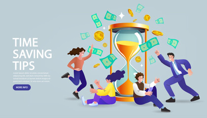 A group of happy people with flying money and an hourglass, a vector illustration of productivity and time-saving tips for financial efficiency, a business concept for effective time management.