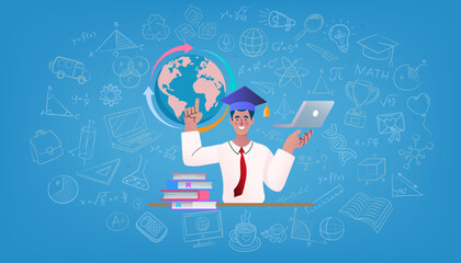 Online education and e-learning concept. A happy student with a graduation cap and laptop studies for a university degree, with a globe representing international courses , distance learning success.