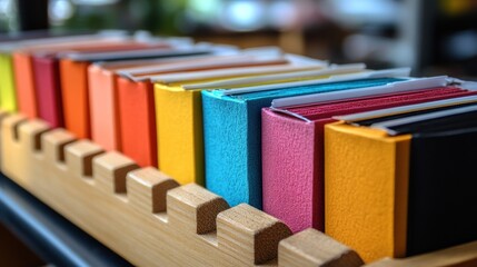 Naklejka premium Vibrant Collection of Colorful Notebooks on Wooden Rack