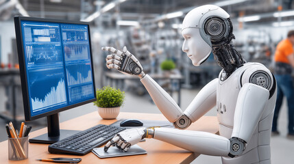 A robot with a sleek design focuses on a computer screen displaying various data graphs. The workspace is busy with blurred figures, emphasizing the technological atmosphere in a factory setting