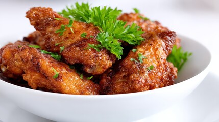 Fototapeta premium Barbecue wings garnished with parsley served in white bowl over light background with juicy texture and spiced glaze emphasizing tangy heat and visual appeal