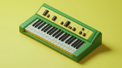 Retro green keyboard, yellow background, music studio, digital art