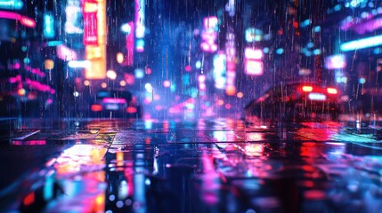 Obraz premium Rainy Neon Cityscape at Night