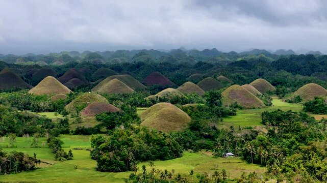 Chocolate hills, Bohol island, Philippines. Aerial 4K drone video footage