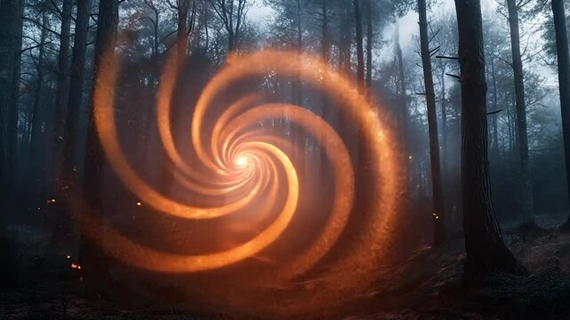 Mystical spiral vortex in a dark foggy forest