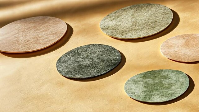 Colorful circular decorative plates on beige surface