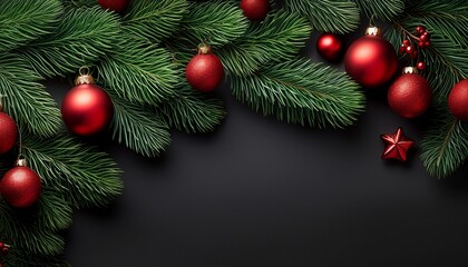 Christmas green Pine Branches and red baubles