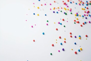 Colorful spherical sprinkles scattered on white background
