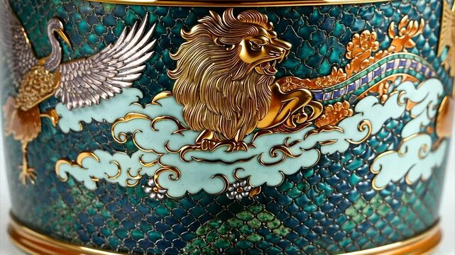 Ornate decorative cylinder, cranes, lion, clouds, mosaic