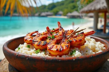 Grilled shrimp skewers on rice by tropical beach with palm trees and huts