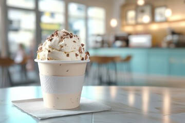 A delicious scoop of vanilla ice cream with chocolate cookie pieces in a disposable cup.