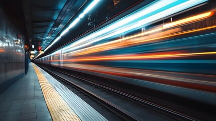 Train moving fast on tracks with blurred lights in a station.