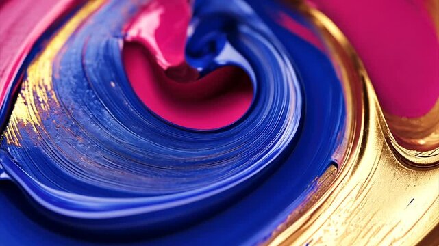 Abstract swirl of vibrant pink, blue, and gold paints