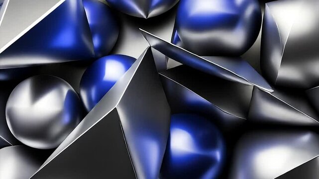Abstract geometric shapes, metallic blue and silver spheres, pyramids