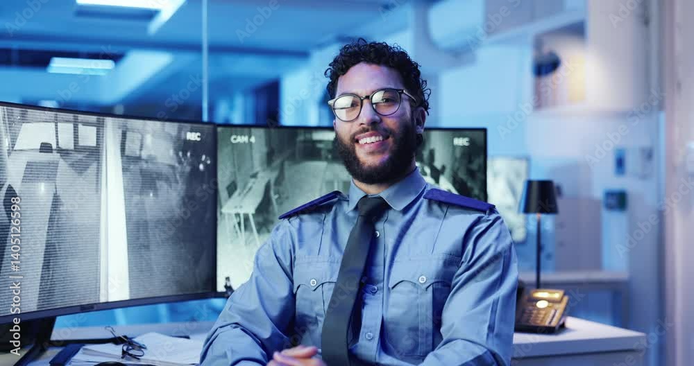 Poster security guard, face and man with duty, camera and service for safety with surveillance and system. 