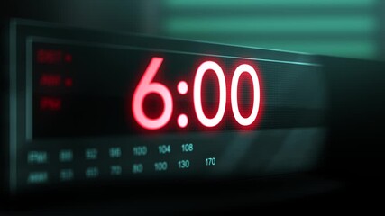 Camera pans across old digital clock as time arrives at 6 AM