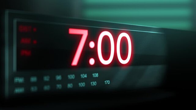 Camera pans across old digital clock as time arrives at 7 AM