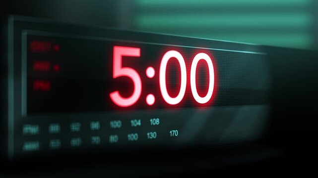 Camera pans across old digital clock as time arrives at 5 AM.