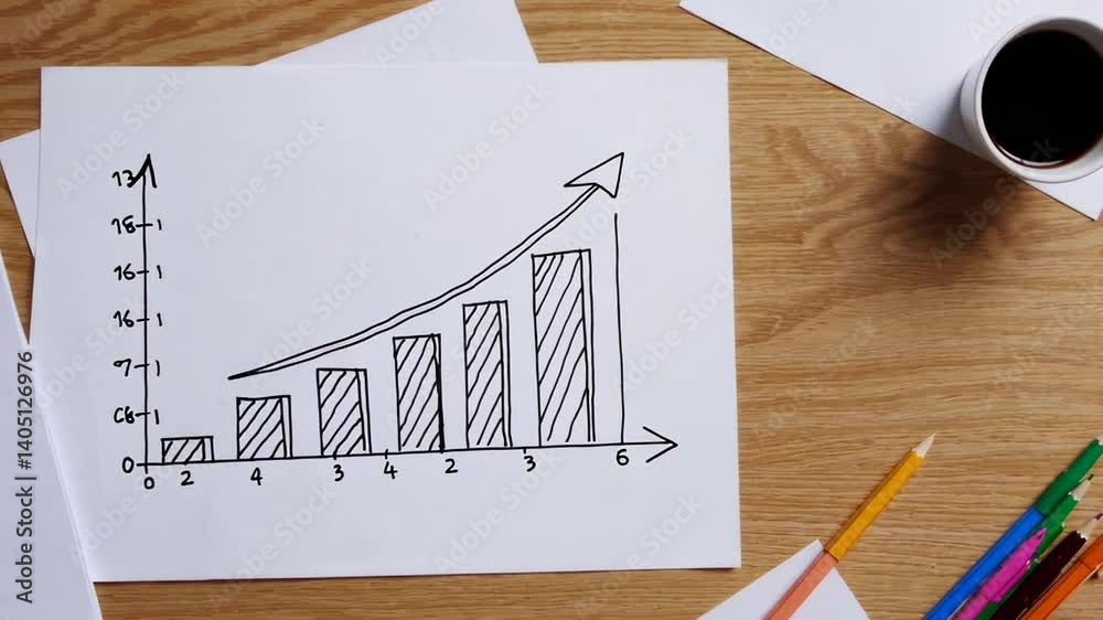 Poster multiple views of a hand drawn bar chart showing positive growth, placed on a wooden desk next to co
