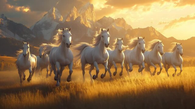 A majestic herd of white horses galloping through a golden meadow at sunset, with mountains in the background creating a serene atmosphere